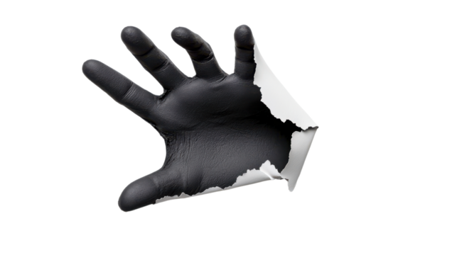 Black Hand Emerging Through Torn Paper with Realistic Detail