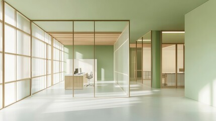 Obraz premium Modern Office Interior with Glass Walls and Green Accents Furniture