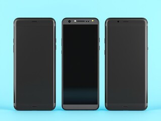 Three Black Smartphones with Blue Background.