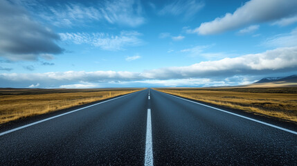 Fototapeta premium Empty asphalt road in wide open landscape under blue sky