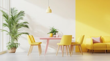 Bright and Airy Dining Room with Yellow Chairs and Pink Table