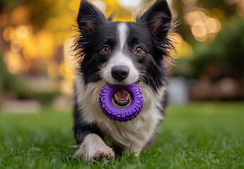 Brown and white Border Collie running in grass with purple toy rings