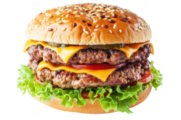 A double cheeseburger with lettuce tomato and sesame seed bun on plate transparent background
