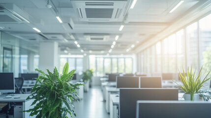 Modern open office with desks, plants, and ceiling air conditioning