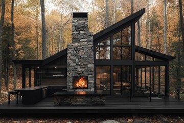 Fototapeta premium Modern cabin features large stone fireplace and black steel windows, surrounded by autumn foliage. Outdoor kitchen enhances the serene atmosphere of the forest retreat