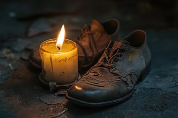 A burning Yahrzeit candle placed next to a worn-out pair of shoes symbolizing remembrance and mourning.