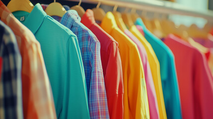 Fototapeta premium Colorful shirts on wooden hangers in bright retail store