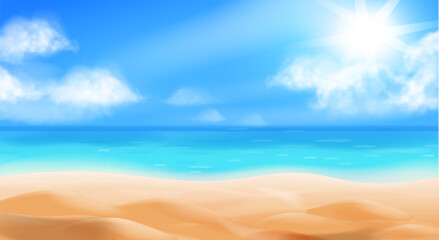 Tropical sea landscape of coast. Beautiful sea shore beach some white clouds. Ocean sunny day background vector illustration