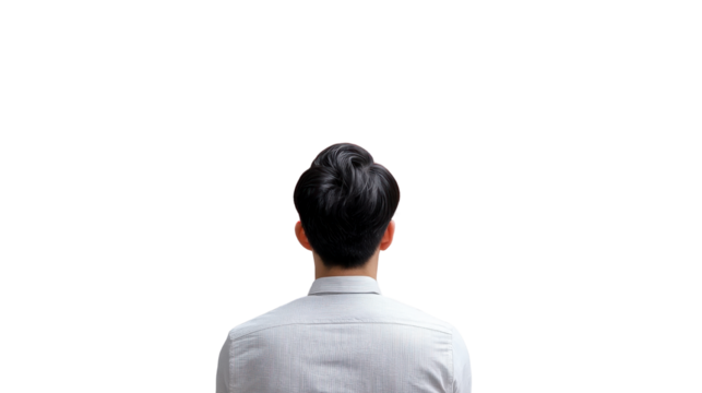 Man in Gray Shirt with Back to Camera on Black Background