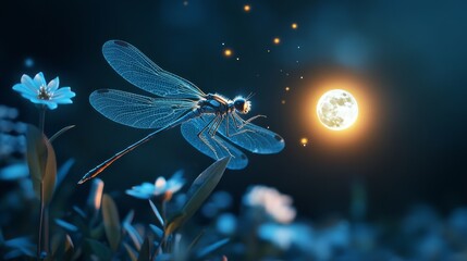 Dragonfly Moonlit Night - A luminous dragonfly rests on a flower, illuminated by the moon in a serene nightscape