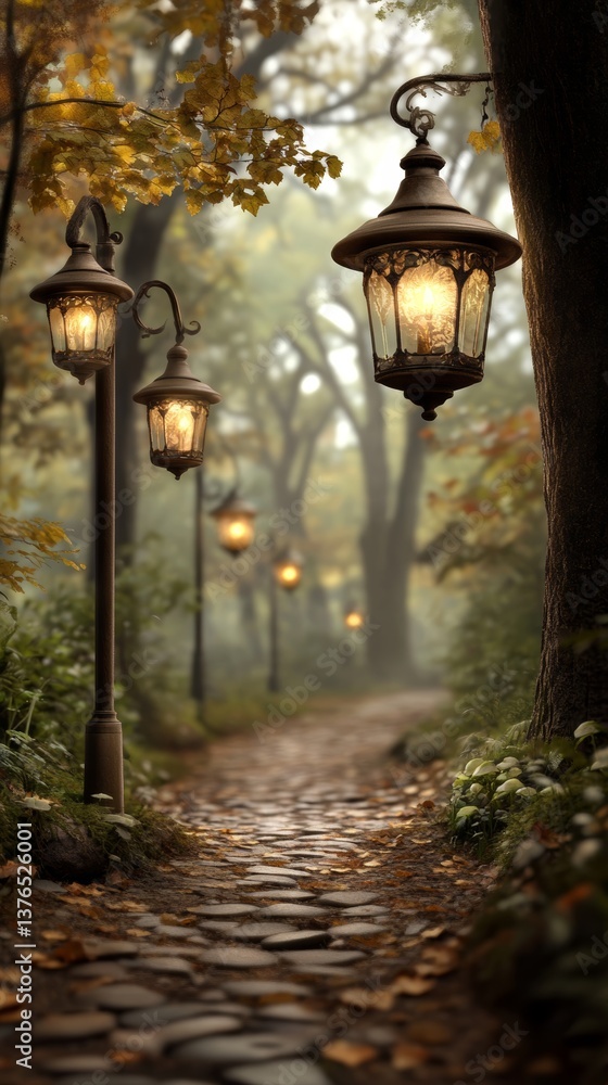 Poster enchanted pathway illuminated by vintage lanterns surrounded by autumn foliage creating a serene atm