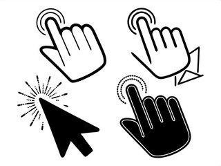 Unique Features: Vector illustration, black and white, simple and clean design, includes hand and arrow cursors
Context/Setting: UI/UX design, web and app development, digital interfaces