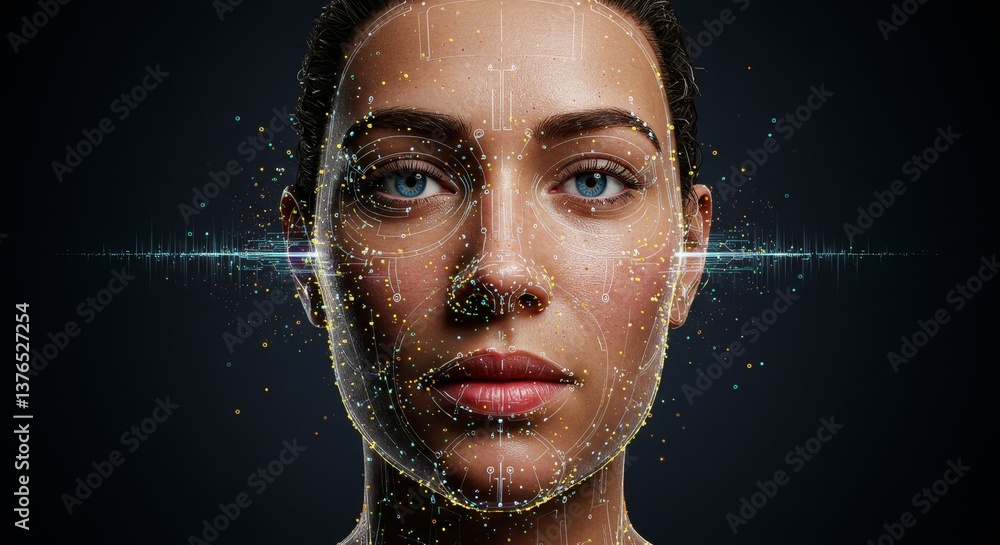 Poster 3d face scan biometric data illustration - futuristic biometric technology, facial recognition, iden