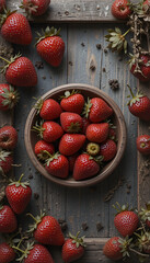 The image is a flat lay of a wooden table with a bowl of fresh strawberries in the center. The bowl is made of clay and is filled with bright red strawberries. The strawberries are arranged in a scatt