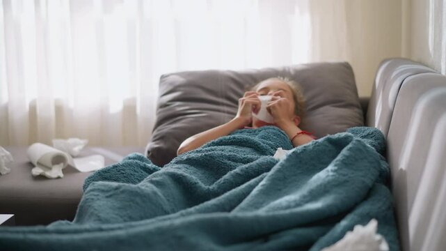 White girl laying on couch wrapped in blanket with used tissues scattered all around her, indicating she is sick and recovering from cold or flu with a cluttered area of tissues nearby