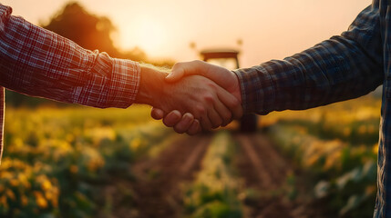agribusiness handshake business deal agreement between businessman and farmer, purchase sell tractor farm machinery equipment, partnership cooperation collaboration in agriculture business.