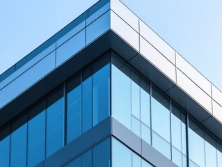 Obraz premium Modern Office Building Exterior Corner with Glass Facade and Metallic Panels against Light Blue Sky