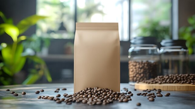 tan coffee sack sample with scattered beans on a table Photoshop PSD mockup for branding and packaging design  
