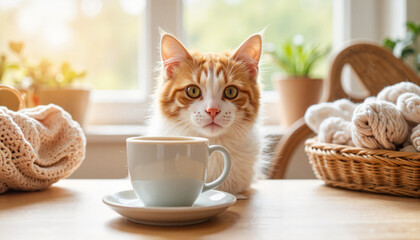 Orange cat curiously looking at coffee cup on wooden table