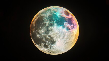 Obraz premium Full Moon Close-up with Colorful Surface Details on Black Background