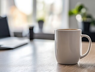 Fototapeta premium Close-up of a coffee mug on an office desk with a laptop and plant in the background providing a calm workspace atmosphere