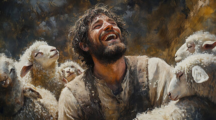 Rugged and joyful shepherd with dirt-smudged face, lost sheep on his shoulders, captured mid-laugh, storytelling portrait, warm lightHighly detailed, cinematic composition,