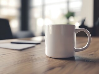 Coffee mug on office desk with blurry background, workspace with business documents