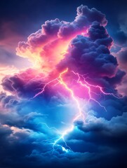 Vibrant Lightning Storm - A breathtaking of a vibrant lightning storm, showcasing pink and blue lightning bolts striking through dramatic, colorful clouds