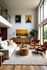 Open-plan living space, minimalist furniture, high ceilings , concrete, high, conversion