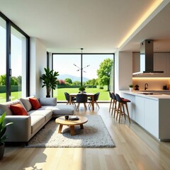 Open plan living room, sleek modern kitchen, large windows, home, dining area, bright