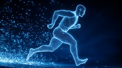 Blue glowing wireframe hologram of an athlete running on dark blue background concept for sport technology and futuristic digital design element