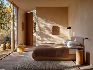 Discover serenity in this calming beige interior with minimalist styling, showcasing a warm knitted throw and clean space Explore the beauty of neutral tones and minimalist design for your home decor