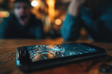 Fototapeta premium Shocked friends reacting to a cracked smartphone screen on a wooden table in a warm lit room