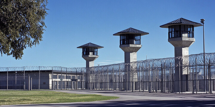 Maximum security prison with tall guard towers under blue sky Generative AI
