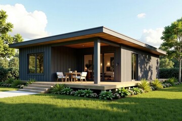 Sharp angles, metal siding, open-plan design Modular home showcasing natural light , prefabricated, sustainable, architectural photography