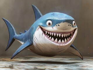 Cheerful Cartoon Shark with Big Teeth Grinning Joyfully in Vibrant Colors