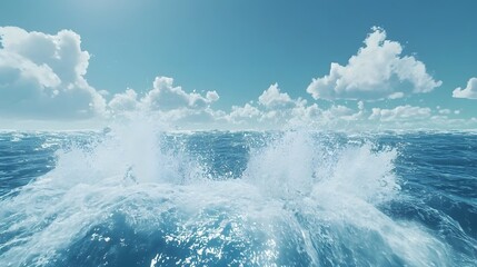 Obraz premium Ocean's Breath: An expansive view of the ocean's surface, where powerful waves surge upwards. The crystal-clear water, the blue sky, and soft clouds creating a serene atmosphere.