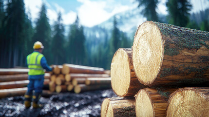 Freshly cut timber logs stacked in a forest clearing with a worker in safety gear inspecting the lumber under bright daylight in a mountain logging site.
