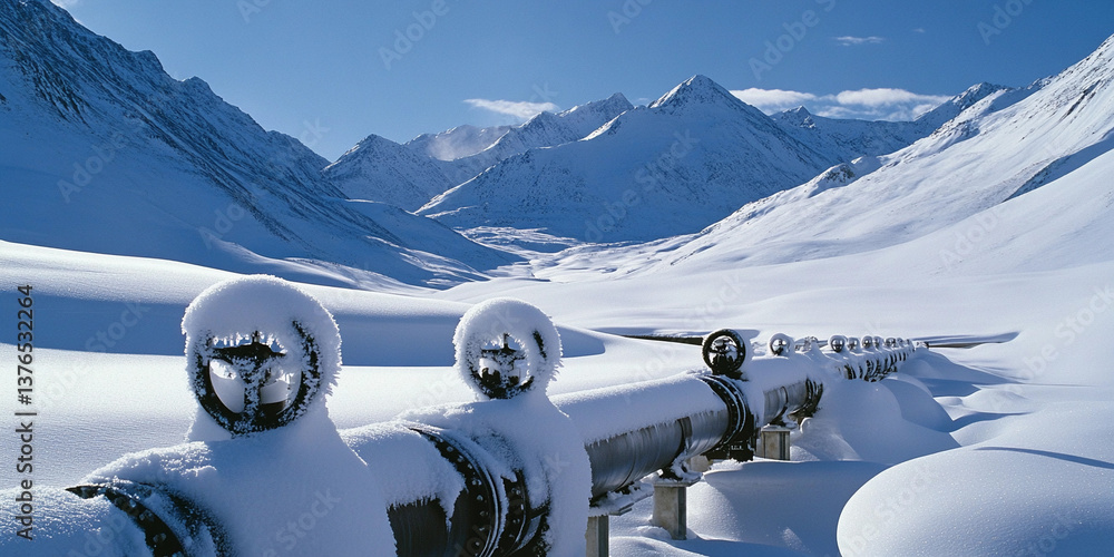Aufkleber Gas pipeline runs through snowy winter landscape in mountainous region Generative AI