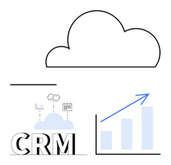 Cloud outline, CRM text with icons representing data integration, puzzle, calendar, and growth bar chart. Ideal for data management, CRM tools, business growth, analytics digital transformation