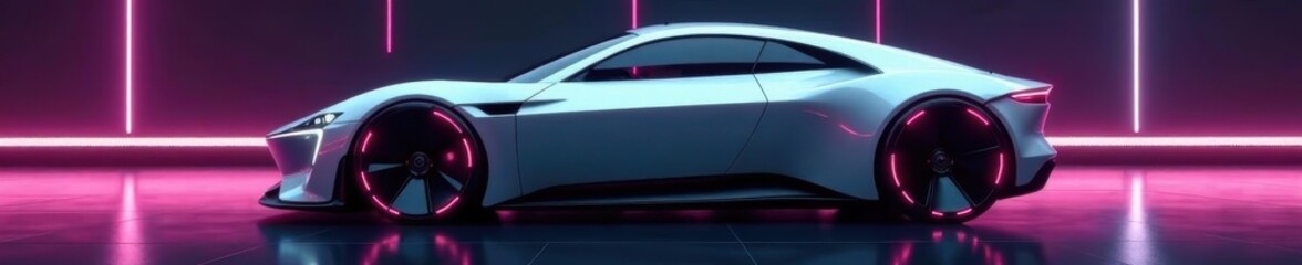 Fototapeta premium Sleek electric concept car, futuristic design, headlights, chrome, vehicle