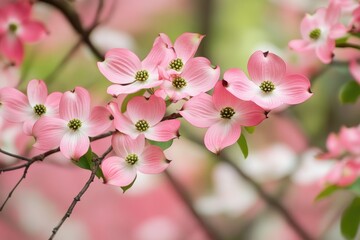 Obraz premium Blossoming Pink Dogwood Branch with Vibrant Flowers Against a Lush Green Background