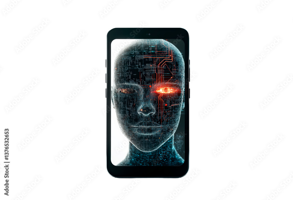 Aufkleber digital representation of a human-like face displayed on a smartphone screen isolated on transparent