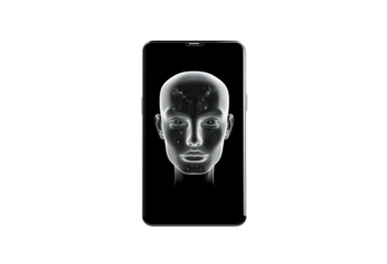 Innovative smartphone displaying futuristic holographic faceDigital representation of a human head displayed on a mobile device isolated on transparent background