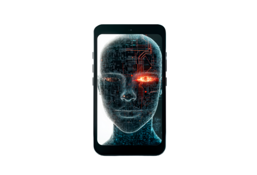 Digital representation of a human-like face displayed on a smartphone screen isolated on transparent background
