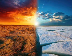Heatwave vs. Ice Age - Extreme Temperature Conditions and Their Impact on the Environment. Climate change concept. Generated with AI
