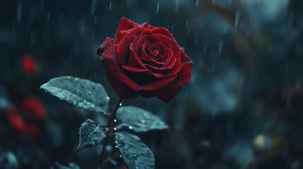 Single red rose in rain with dark moody background