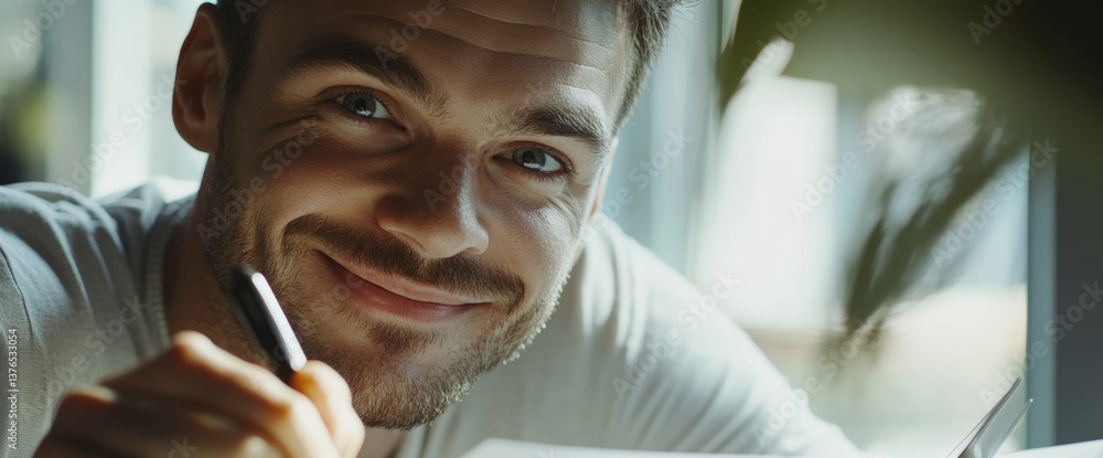 Poster A 35-year-old man with expressive eyes is happily taking notes on a business project. He is casually dressed and illuminated by soft light, creating a warm atmosphere