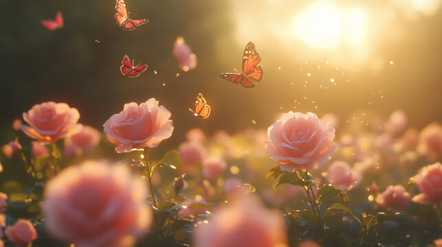  Pink roses and butterflies in soft golden sunset light