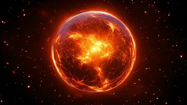 A glowing fireball in space. Sparks and luminous dots are scattered around the ball, giving the impression of stars or cosmic dust.